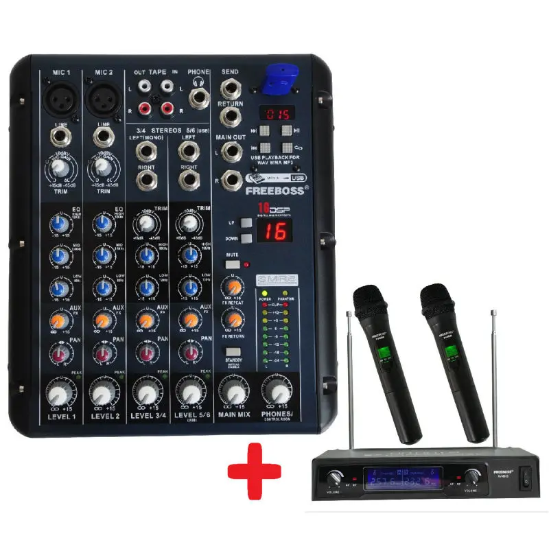 

Freeboss KV-8500 VHF 2 Handheld Wireless Microphone + SMR6 Audio Mixer
