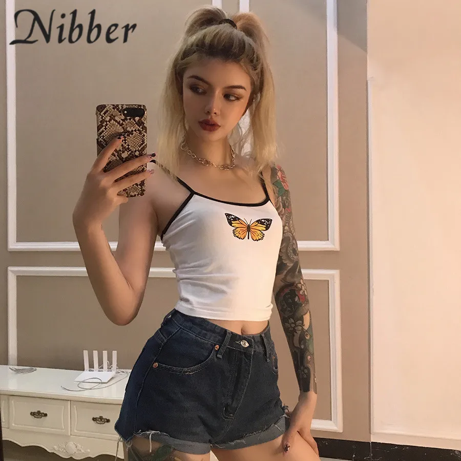 

Nibber cute butterfly printing cotton crop top women summer Casual white camiseta mujer 2019 ladies tank tops Street casual tees