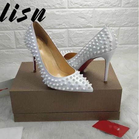 

LSN New Luxuy White Genuine Leather Spikle Studded Summer Spring Pumps Sexy Pointed Thin HIgh Heel Wedding Pumps Shoes Women