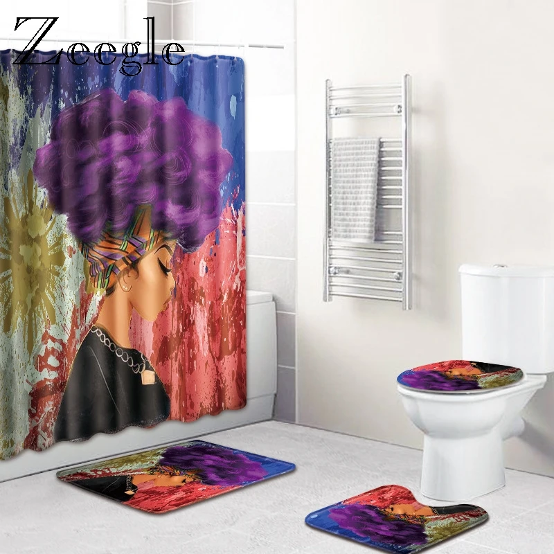 African Girls Bathroom Shower Curtain Set Toilet Rug Cover Anti-slip Bath Mat 