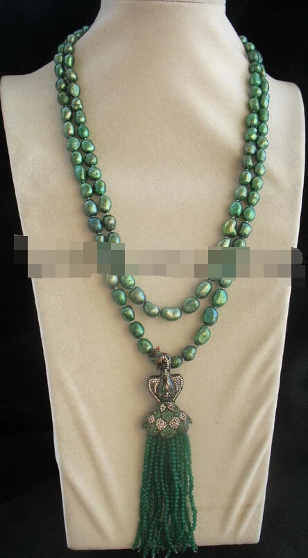 

08149 freshwater pearl green baroque & jade peafowl clasp necklace 45" (A0325)