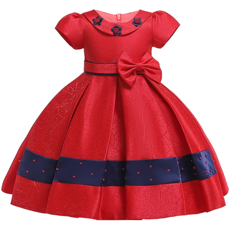 Платье для девочек с цветочным узором и бусинами; элегантная детская одежда с бантом и юбкой-пачкой; праздничная одежда для маленьких принцесс; Детские костюмы; одежда для детей 3-10 лет - Цвет: red
