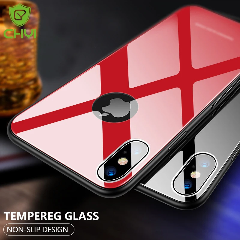 

CHYI Glass case for iphone xs max Xr glass back cover Silicone frame Shock Proof open LOGO case For iphone 8 plus 7 6s Coque