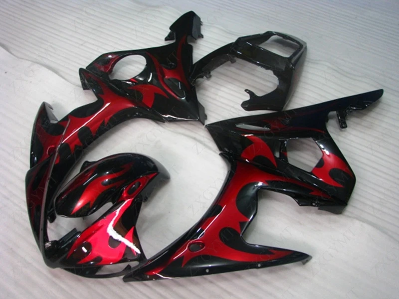 Пластиковые обтекатели YZFR6 2003-2005 черное красное пламя комплекты на весь корпус