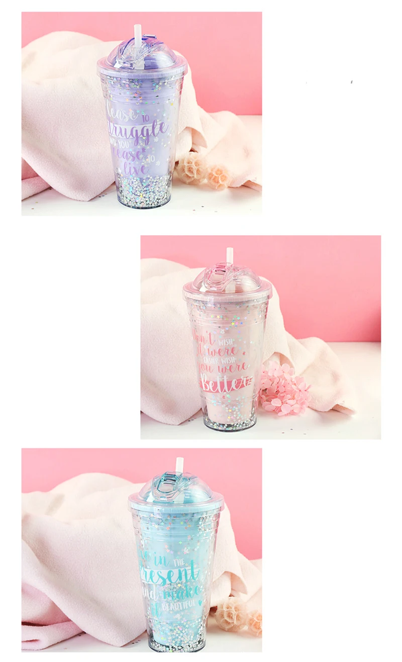 JOUDOO конфеты цвет 420 мл бутылка для воды для девочек милые звезды блесток двойной розовый питьевой бутылки с соломинкой 57