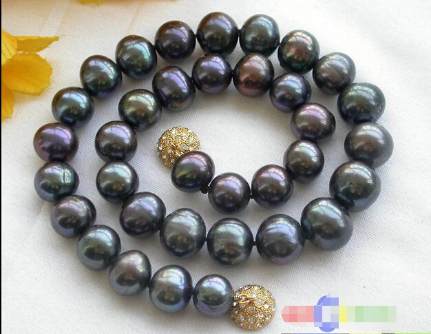 

DD Wholesale FREE SHIPPING HUGE REAL 17" 13mm ROUND peacock black PEARL NECKLACE