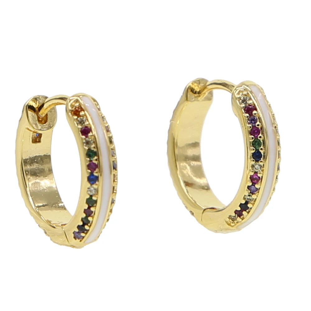 

2019new design gold color rainbow multi color cubic zirconia with white enamel classic huggie hoop earring fashion modern jewels