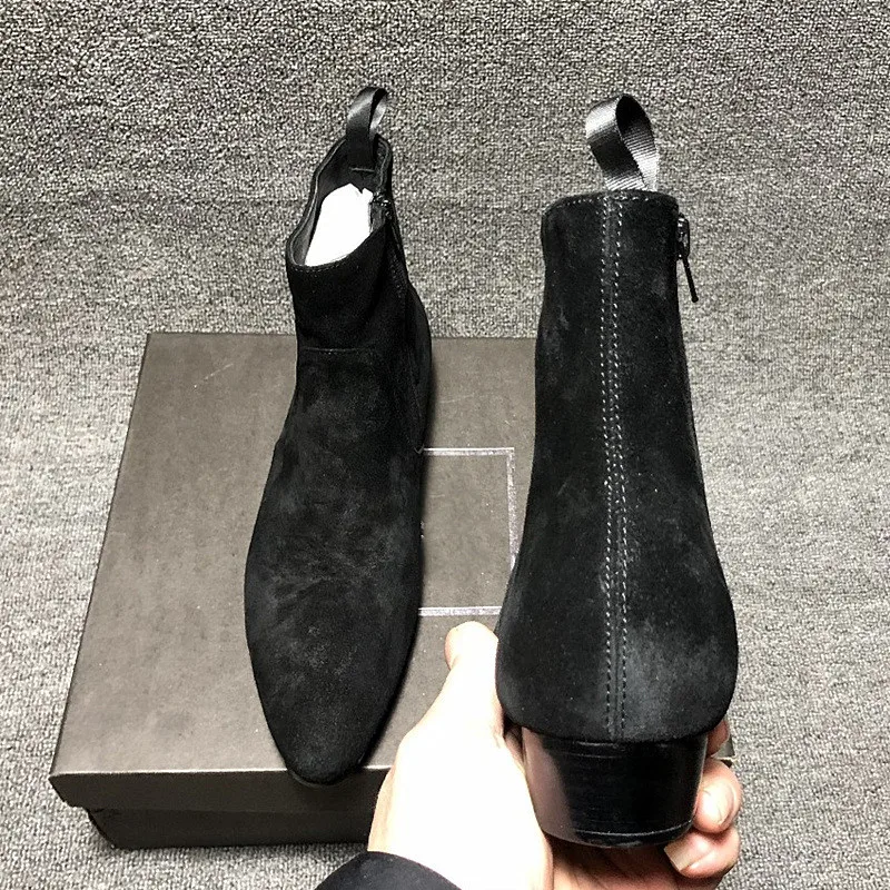 Винтажные черные замшевые мужские ботинки на танкетке без шнуровки; деловые мужские ботинки из воловьей кожи с перфорацией типа «броги» в западном стиле