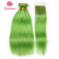 BEAUHAIR перуанские прямые волосы натуральные волосы пучки с 4*4 Кружева закрытия 3 пучки с закрытием зеленый цвет remy наращивание волос