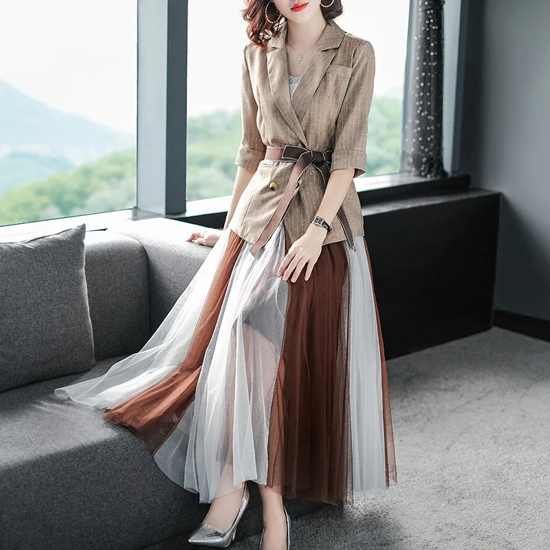 

Top Quality Designer Clothing Suits 2019 Spring Work Suit Women Notched Collar Belt Coat Blazer Jacket+Long Paty Maxi Skirt Sets