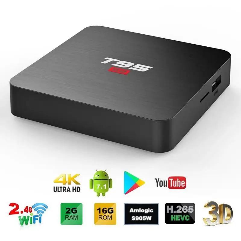 DC 5В/2A T95 S2 Andorid 7,1 ТВ контейнер под элемент питания 2 ГБ+ 16 Гб Amlogic S905W 4 ядра 2,4 ГГц Wi-Fi 4 к Декодер каналов кабельного телевидения компьютерной приставки к телевизору Media Player