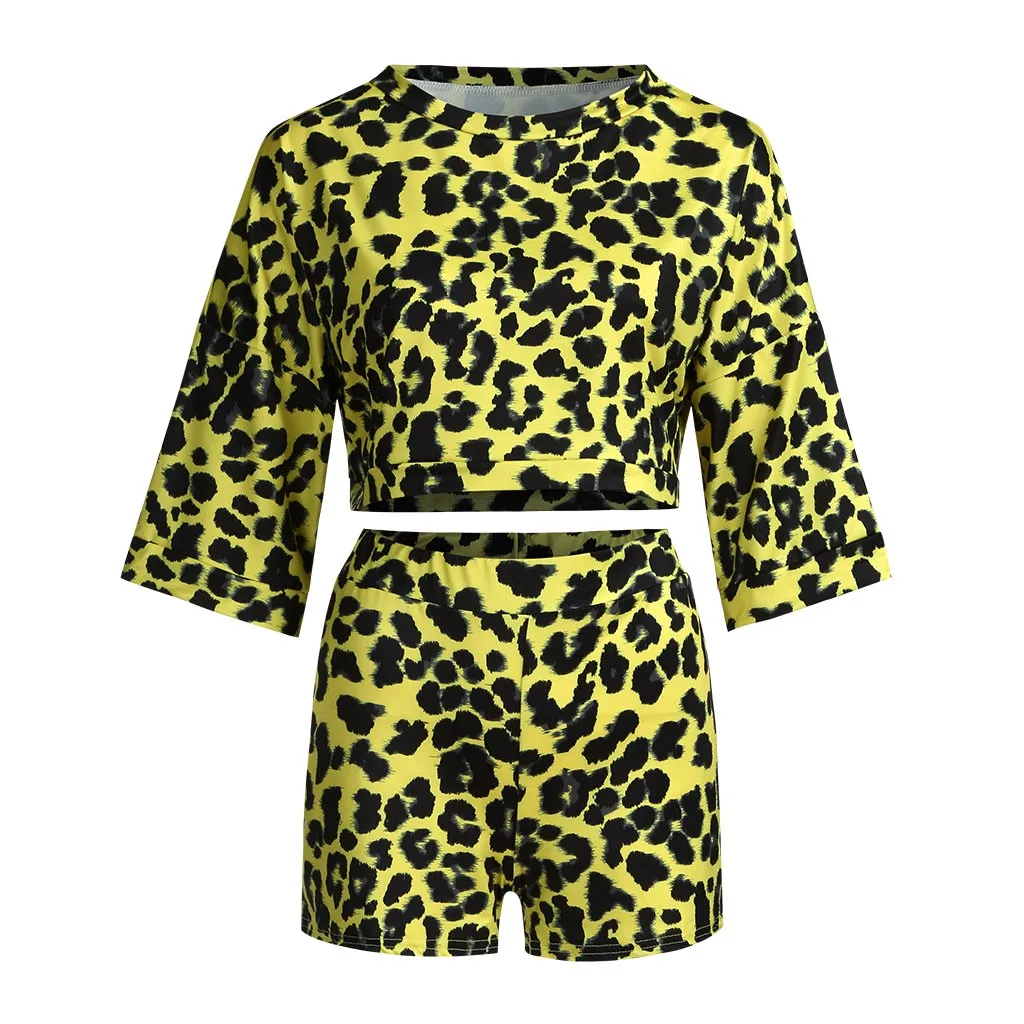Леопардовый принт три четверти рукав укороченный топ женский костюм из двух предметов круглый вырез байкерские шорты короткие брюки женский спортивный костюм