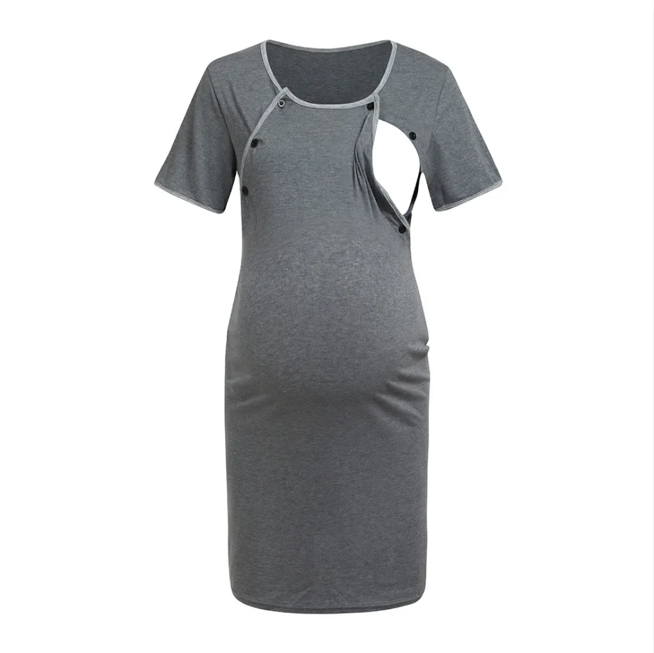 Платье для беременных Ночная рубашка в полоску для кормления грудью ночная рубашка с коротким рукавом ночная рубашка - Color: Gray