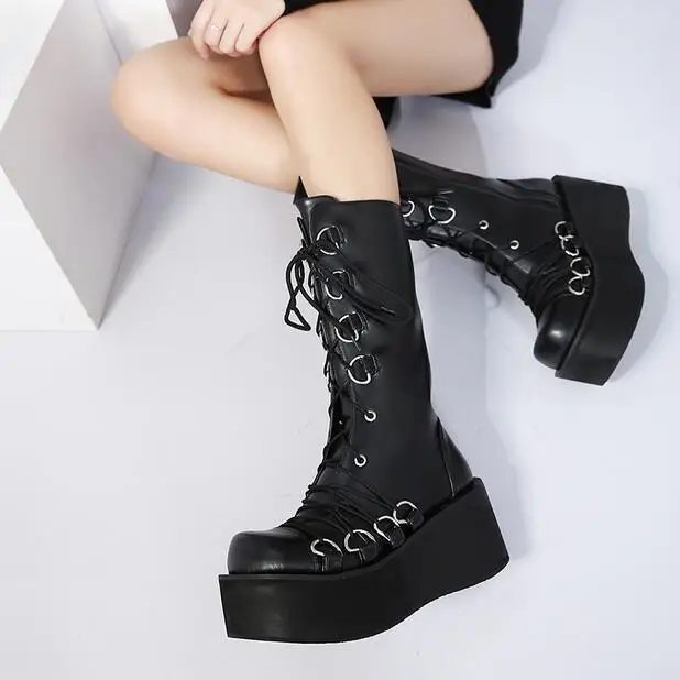 

Womens Tound Toe Lace Up Mid-calf Boots Thicken Heel Platform Punk Shoes Outwear Muffin Shoes A17