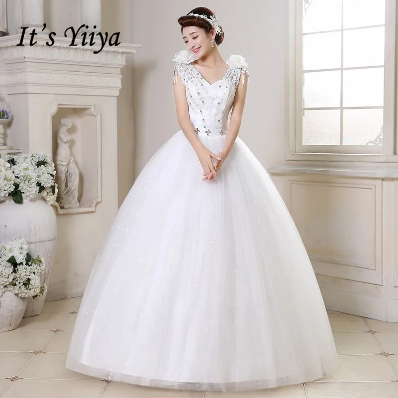 

It's YiiYa Wedding Dress V-neck Flowers Crystal Tassel wedding dresses Sleeveless Lace Up Floor Length Bridal Ball Gown HS167