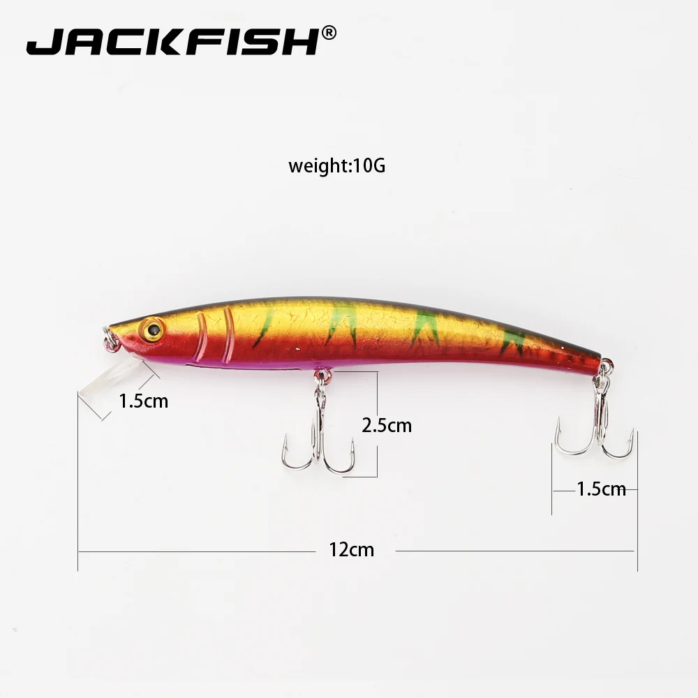 JACKFISH гольян красочные приманки для рыбалки 10 шт./партия 12 см/10 г 3D приманка для рыбалки в полоску искусственные приманки снасти с тройными крючками