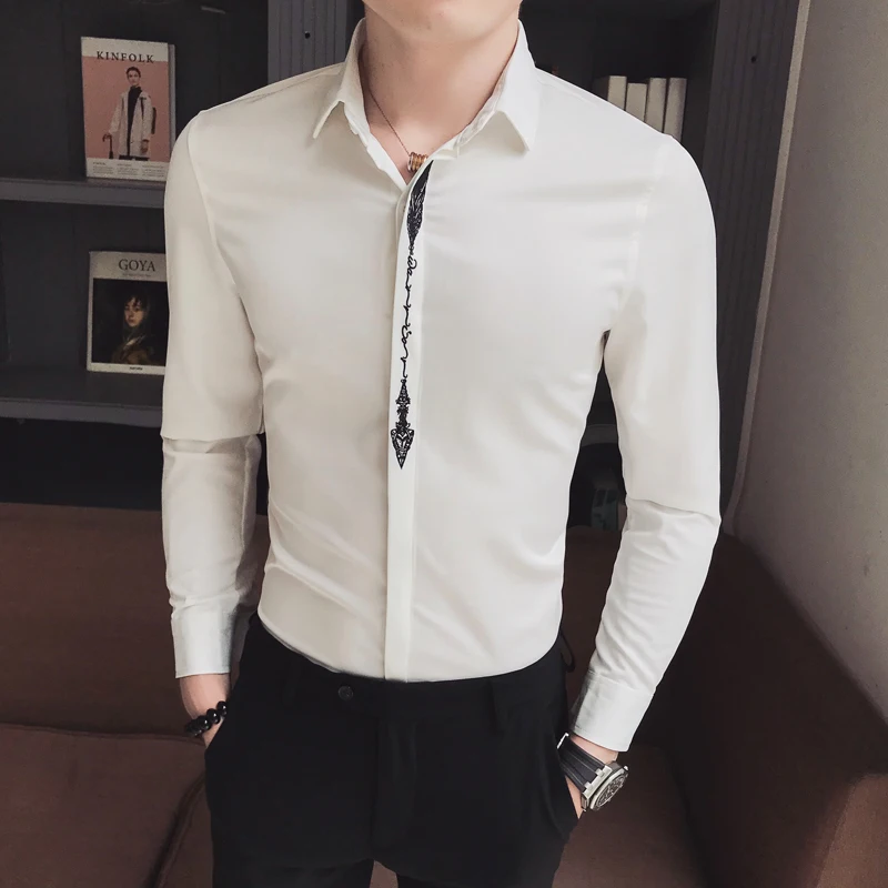 

British Style Men Shirt Brand New Slim Fit Casual Dress Shirts Mens Long Sleeve Embroidery Night Club Host Prom Tuxedo Blouses