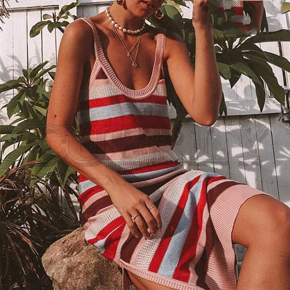 

CUERLY Rainbow stripe women knitted dress Summer beach style casual female midi dress Spaghetti strap ladies holiday dress 2019