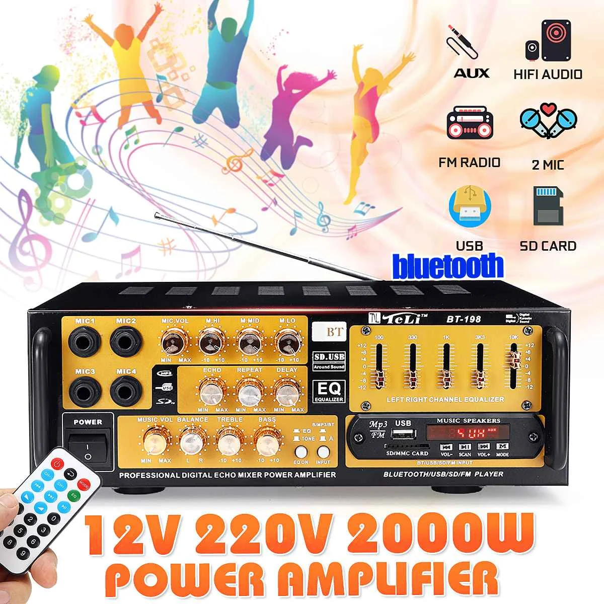 

KROAK 2000W Professional bluetooth Stereo Power Amplifier HIFI Audio USB SD Mic FM AC220V-240V Car Home Digital LED Display