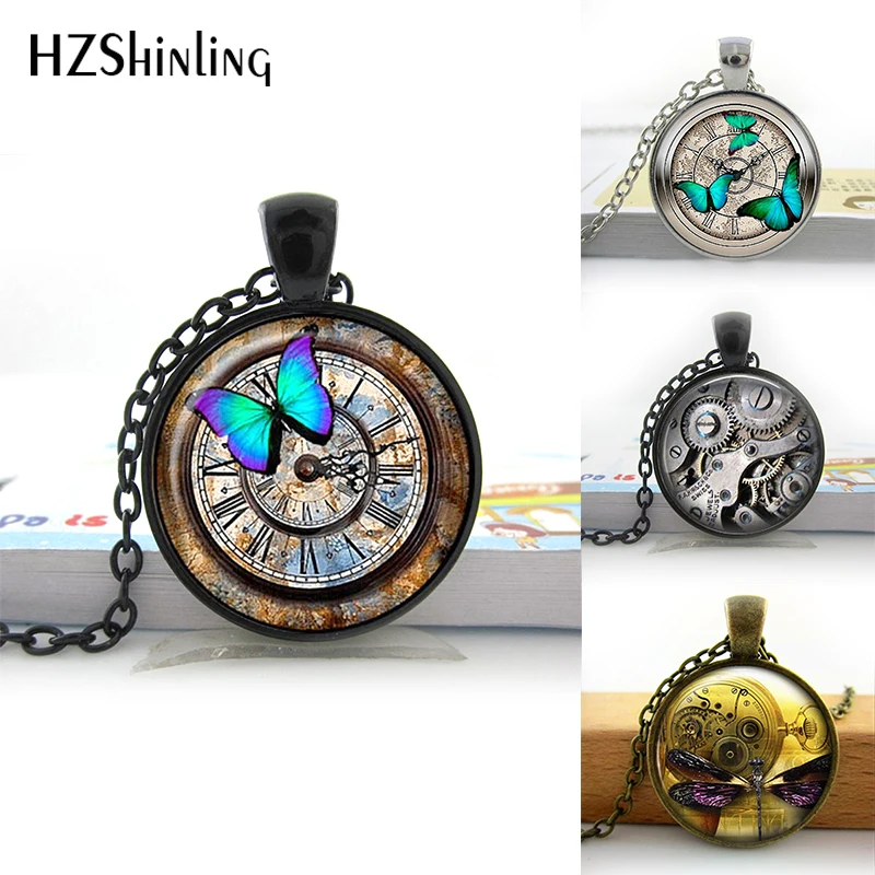 HZShinling Glass Photo Cabochon Necklace Steampunk Clock Necklace Glass