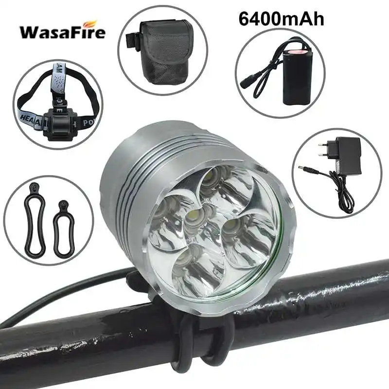 Фонарь WasaFire 5* XML-T6, велосипедный светильник, головной светильник, 7000 люмен, светодиодный велосипедный светильник, налобный фонарь+ зарядное устройство 8,4 в+ аккумулятор 9600 мАч - Цвет: 6400mAh
