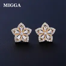 Migga Mawar Emas/Perak Warna Cubic Zirconia Stud Earrings untuk Wanita Pesta Hadiah Fashion Besar Bunga Kancing Perhiasan(China)