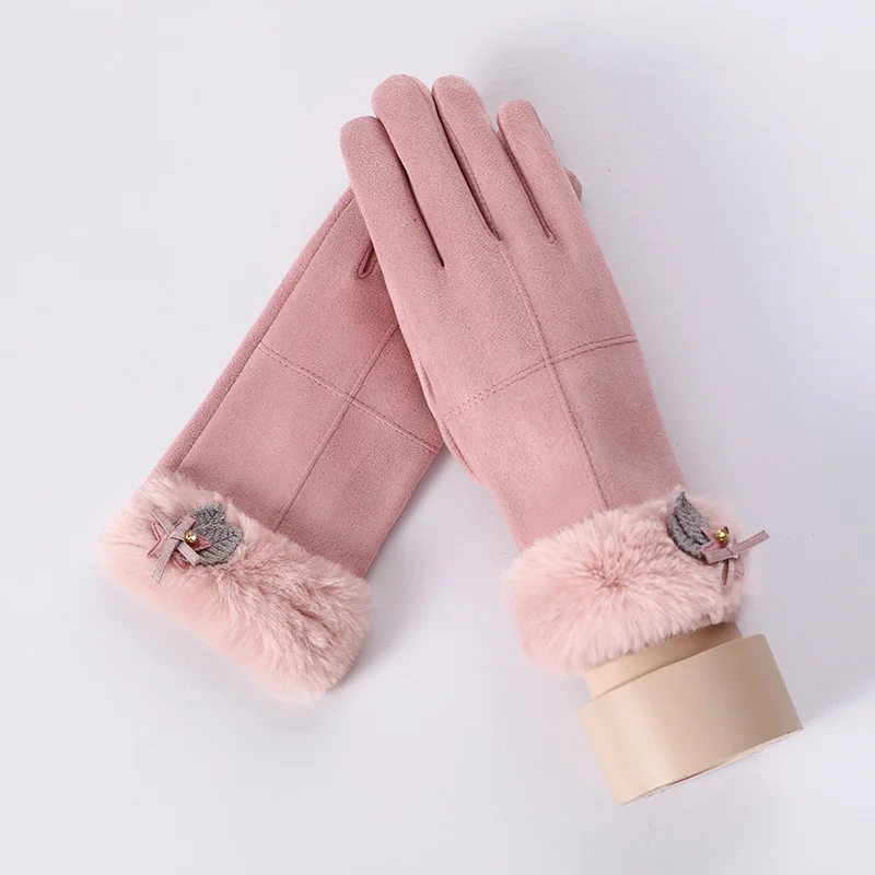 A Pink Зимние женские однослойные плюшевые Наручные Теплые кашемировые полный палец варежки женские замшевые перчатки для вождения с сенсорным экраном 82A - Цвет: A Pink