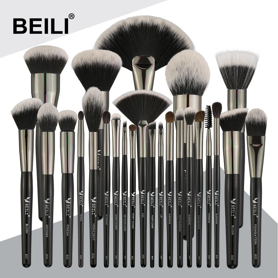 Набор профессиональных натуральных кистей для макияжа BEILI Black 25 шт. тени век