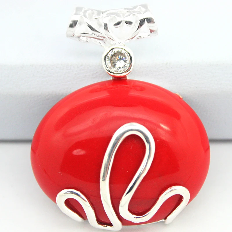 

Vintage 925 Sterling Silver 37x30MM red coral Pendant valentine's gift