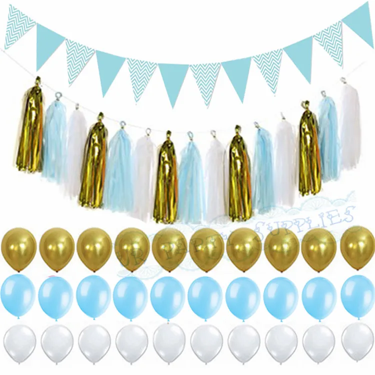 1 Set Light Blue Gold Paper Tassel Garland Flag Banner Birthday