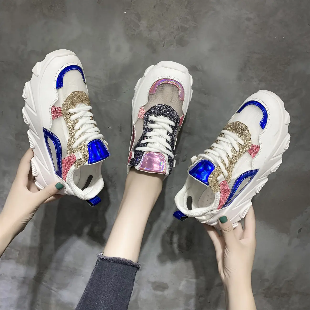 

Youbroer Sneaker New Summer Versatile Sequined Mesh Perforated Breathable and Thick-soled
