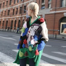 XITAO NEW Streetwear long loose form appliques character multiple color tassel V neck pullovers full