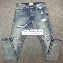 Beste version angst gottes NEBEL männer Selvedge reißverschluss zerstört skinny slim fit justin bieber Vintage riss blaue jeans