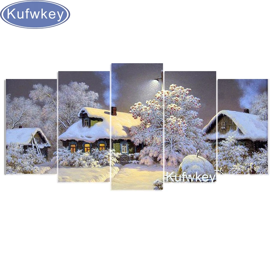 

full diamond embroidery bead patterns mosaic snow house 3d image diy diamond Painting puzzle picture Rhinestone wall decor 5pcs