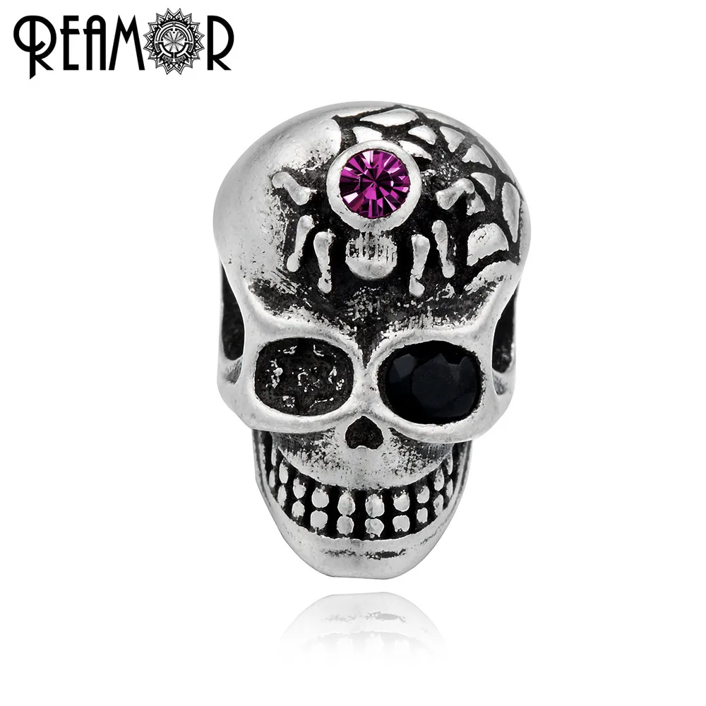 

REAMOR DIY Metal Spacer Beads Silver Plated Copper Skull Head & Spider Charm Beads for Jewelry Making Accessories Wholesale