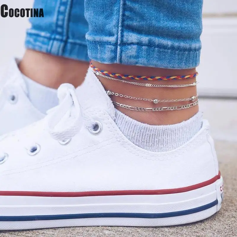 

Vintage Foot Chain Multi-layer Weave Rope Chain Alloy Beads Chain 4 Pieces Set Anklets For Women Jewelry Accessories Gifts