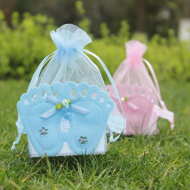 

12pcs/set Baby Foot Candy Box Baby Shower Sweet Bag Footprints On The Beach Favour Free Ribbon Gift Box Baptism Candy Container