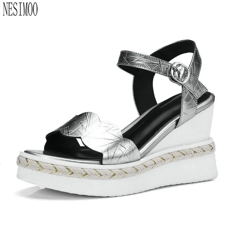 

NESIMOO 2018 Fashion Women Sandals Shoes Woman Genuine Leather Slingback Wedge High Heel Ladies Wedding Shoes Size 34-42