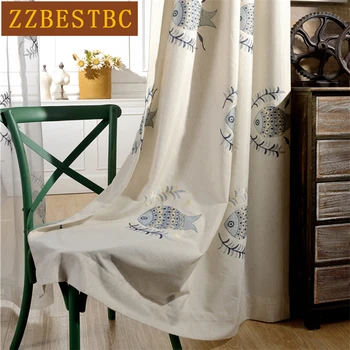 

Pastoral High-grade cotton linen embroidery shade curtains for living room embroidery fish style curtains for kitchen bedroom