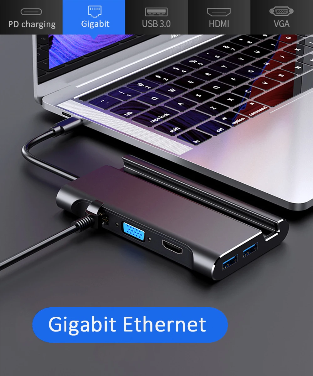 USB-C концентратор USB 3,0 HDMI VGA RJ45 Ethernet адаптер с держателем для телефона стенд Thunderbolt 3 PD для MacBook Pro huawei USB C концентратор