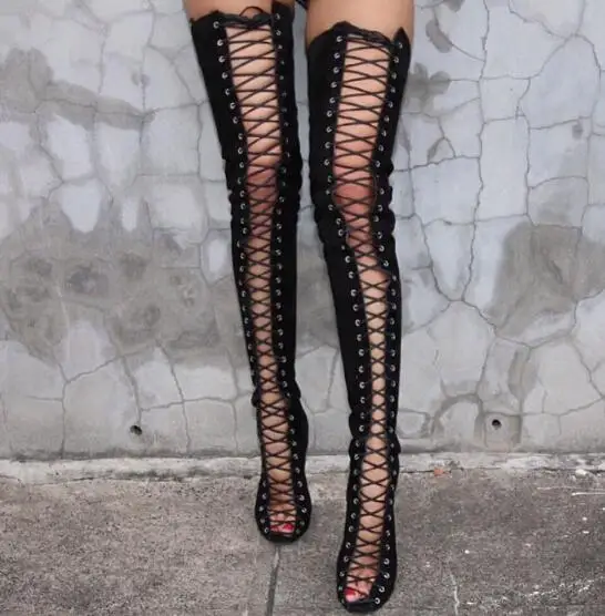 Black/nude sexy cut-outs lace up thigh high boots for woman peep toe stiletto high heels over the knee motorcycle boots 35-43