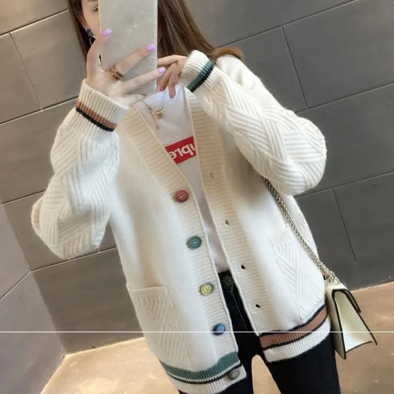 

Women Striped Cardigan Sweater Autumn Spring Ribbed Knitted Cotton Tops Cardigans Ladies Colorful Button Sweater Soft Outwear