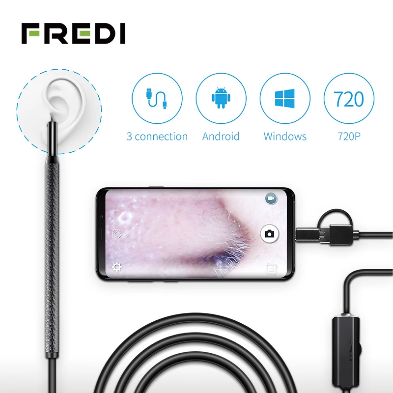 

FREDI Medical Endoscope Camera 5.5mm 1.5m 3 in 1 USB Mini Ear and Nose Otoscope Endoscope Waterproof Soft Cable Borescope