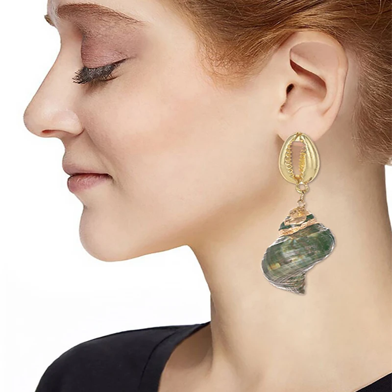 

ZHINI Green Shell Conch Long Drop Earrings Christmas Big Vintage Wedding korean funny Flower Dangle Eearrings For Women Jewelry