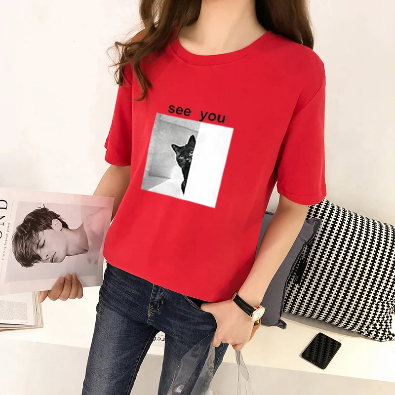 

SEE YOU Cat Print Women T shirts Spring Summer Short Sleeve O Neck Cotton Spandex Women Tops Tees Slim Fit Women T-shirts