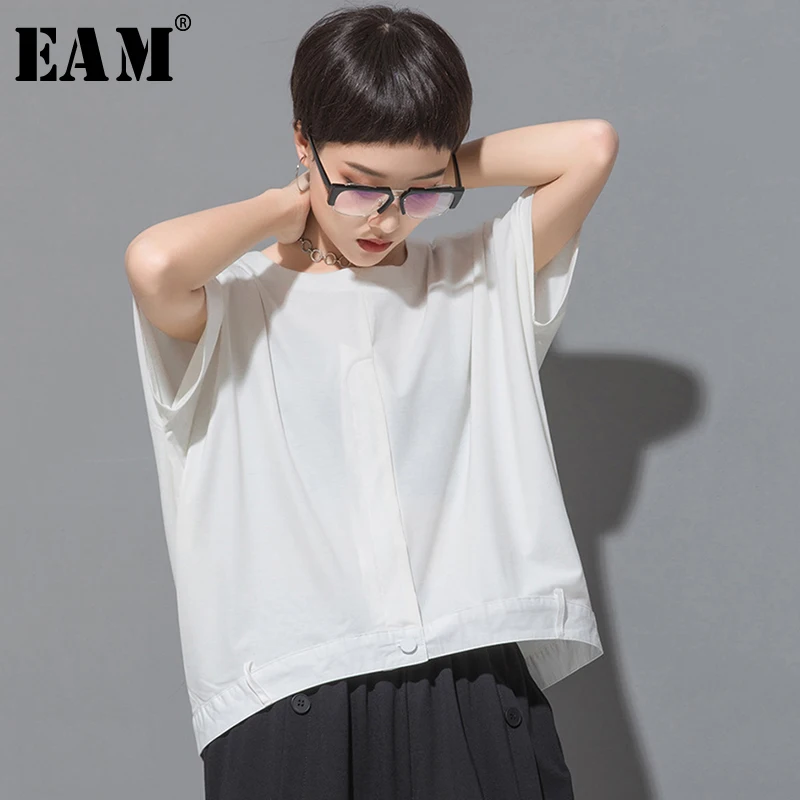 

[EAM] 2019 New Spring Summer Round Neck Short Sleeve Black Loose Pocket Split Joint Loose Big Size T-shirt Women Fashion JU060