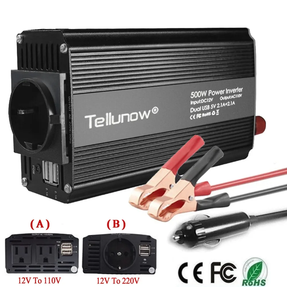 500W Power Inverter DC 12V to 110V/220V AC Car Inverter with 4.2A Dual USB Car Adapter Voltage Transformer Power Converter Mute