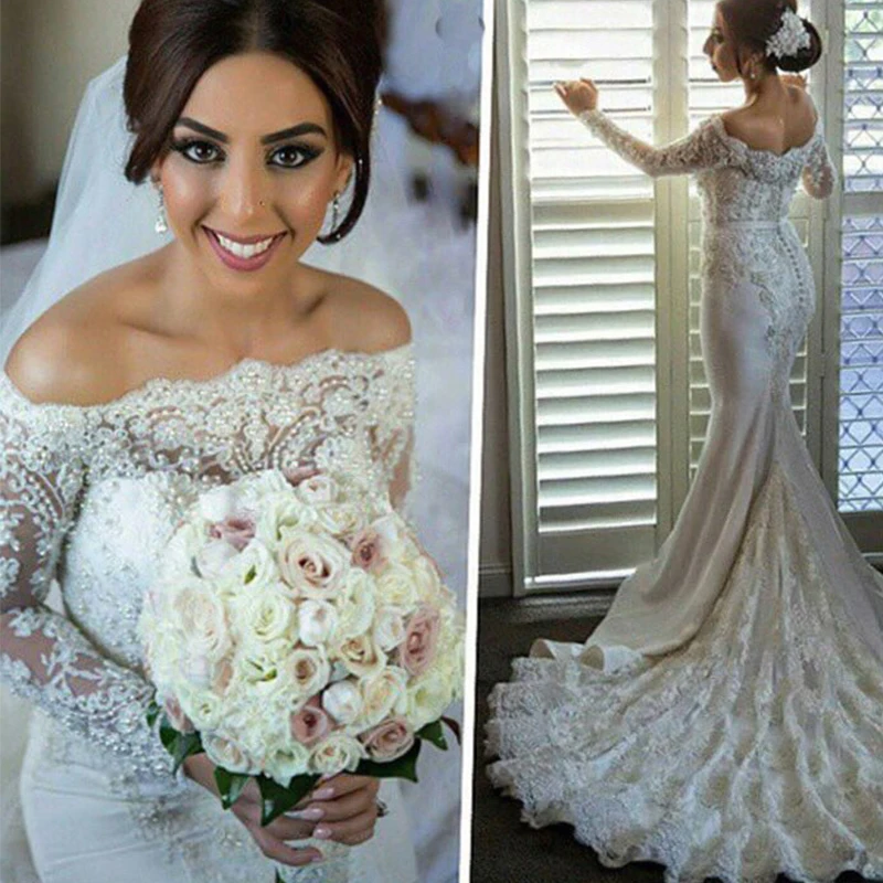 

Vestido De Noiva Luxury Bride Gown Sexy Lace Satin Beaded Long Sleeve Boat Neck Zipper Court Train Mermaid Wedding Dress 2019