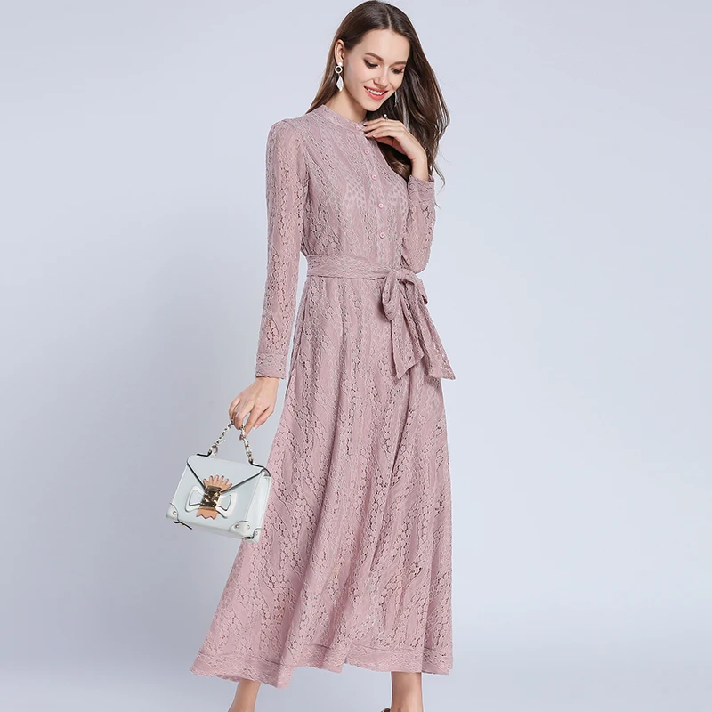 

2019 New Runway Bow Maxi Lace Dress Slim Fashion O-neck Sexy Hollow Out Work Casual Dresses Women A-line Vintage Vestidos Robes