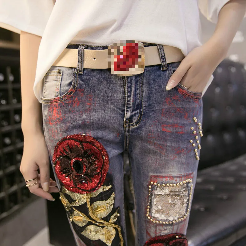 Vaqueros Cuentas Dorado Lentejuelas Etiqueta Mezclilla Blue Vaquero Mujer Primavera Light Pantalones Agujero Calle De Alta Pesado Otoño 5gnwR